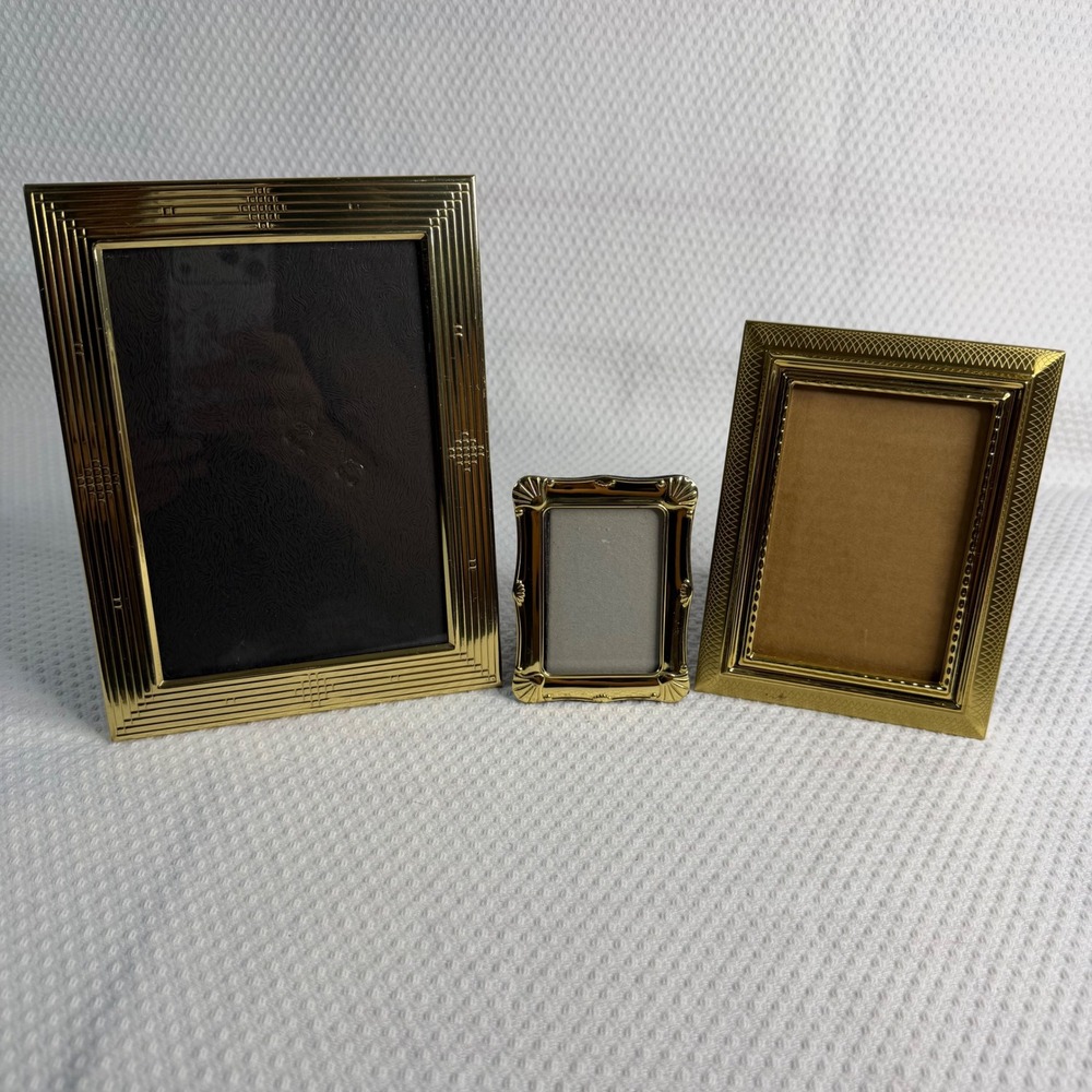 Vintage Gold Tone Picture Frame Set of 3 Art Deco Scalloped Diamond Textured